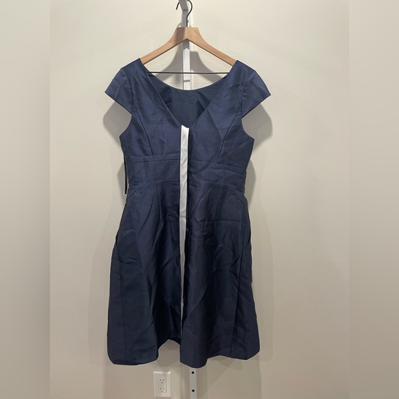 Alfred Sung Cap Sleeve Pleated Cocktail Dress With Pockets Navy Size 14 - Picture 9 of 10